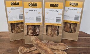 Chicken Jerky treat made with only 1 ingredient 100% Chicken breasts. Dehydrated and packed in commercially compostable bags.